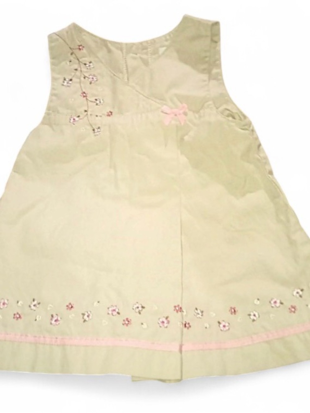 Vintage Khaki Cream Floral Embroidered Baby Dress with Pink Accent 6-9 Months